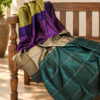 Teal, plum purple and antique olive hand woven cotton silk shawl with black tassel fringe