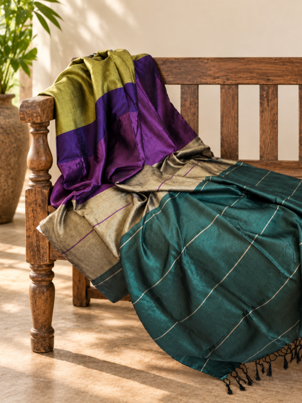Teal, plum purple and antique olive hand woven cotton silk shawl with black tassel fringe