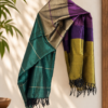 Teal, plum purple and antique olive hand woven cotton silk shawl with black tassel fringe