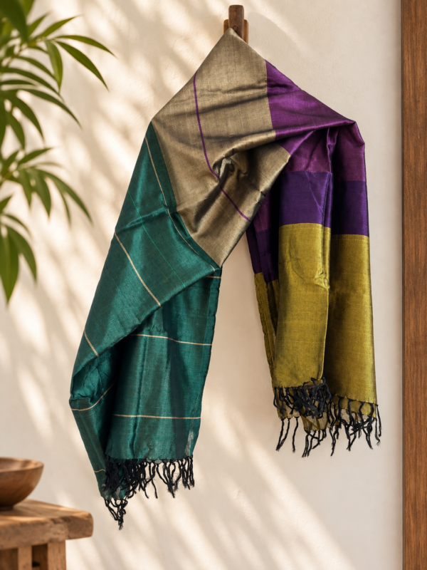 Teal, plum purple and antique olive hand woven cotton silk shawl with black tassel fringe