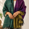 Teal, plum purple and antique olive hand woven cotton silk shawl with black tassel fringe