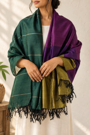 HS Multi3 Teal, plum purple and antique olive hand woven cotton silk shawl with black tassel fringe