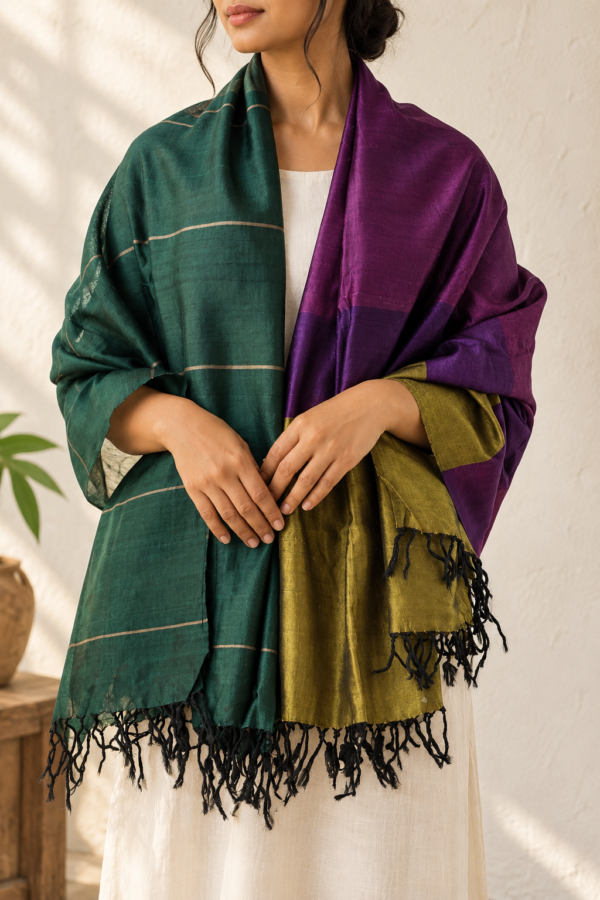 Teal, plum purple and antique olive hand woven cotton silk shawl with black tassel fringe